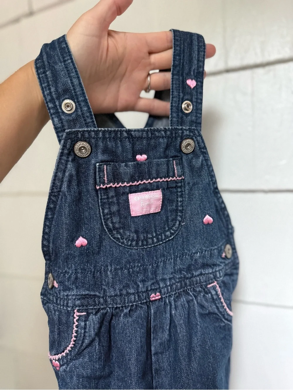 vintage OshKosh B'gosh blue denim overalls embroidered pink hearts 100% cotton
